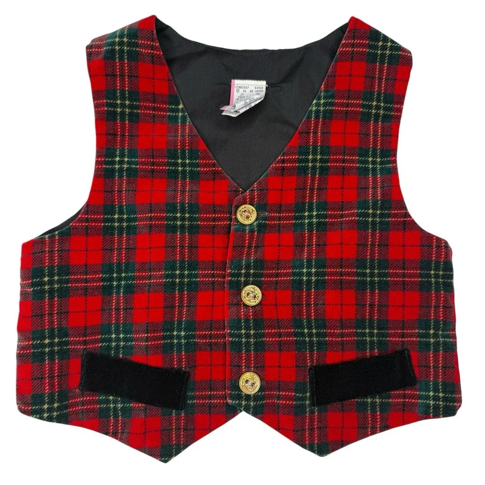 1996 Baby Plaid Velvet Christmas Vest 24M‎ Tartan Holiday Dressy Vintage 90s